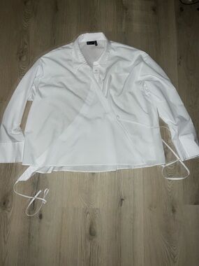 ASOS White Wrap Blouse Size 14 | Spread Collar, Tie Back, Asymmetric Button